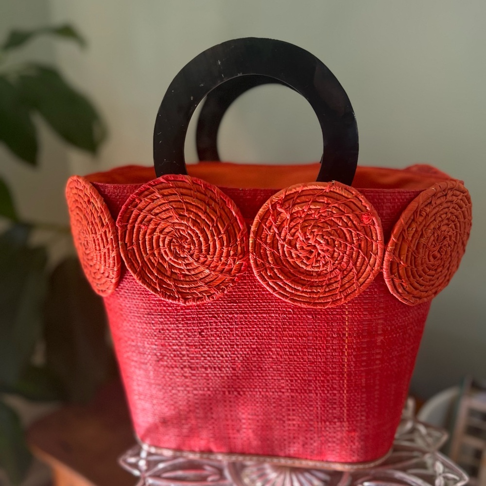 Shebobo Coral Tote 100% Rafia with Horn Handles Drawstring Closure inside Summer